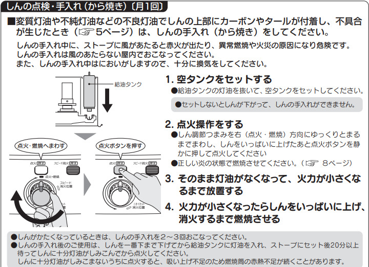 コロナ自然通期形解放式石油ストーブの空焚き方法（取説抜粋）